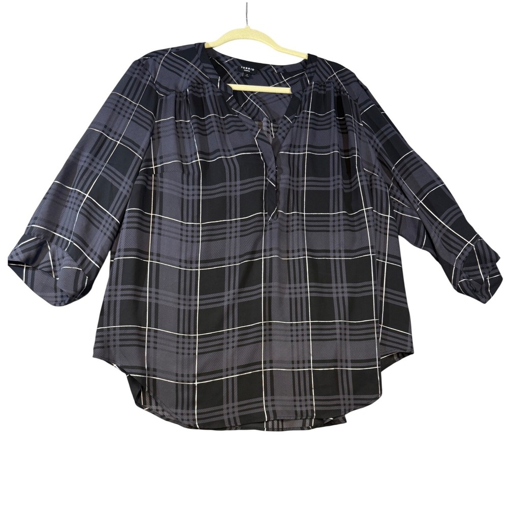 Torrid Harper Plaid Blouse Women 2X Black Grey Excellent Metallic Lurex Top